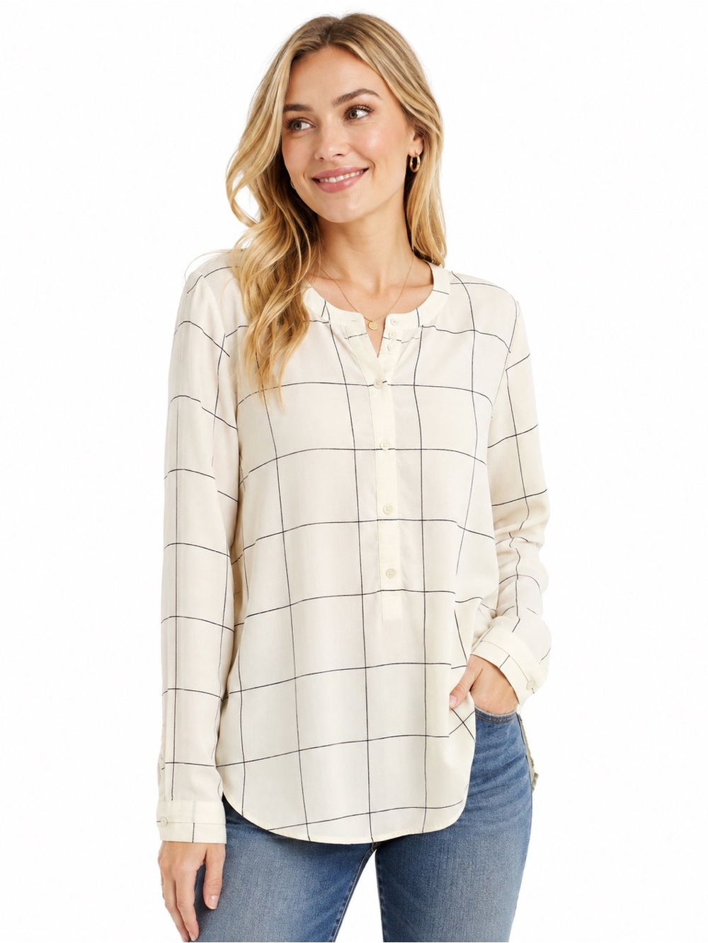 Cream Windowpane Button-Front Women's Top - 1008